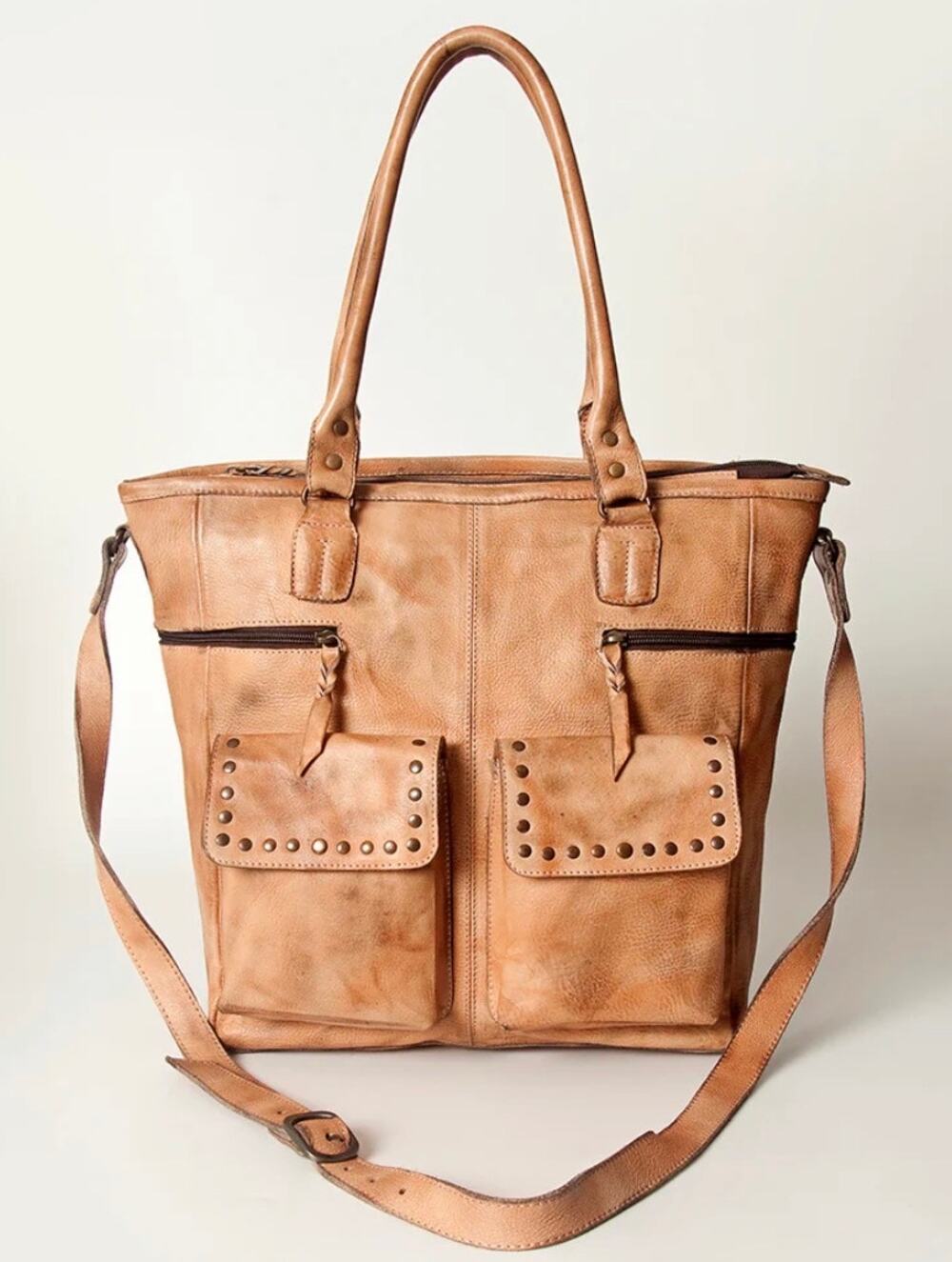 NWOT Never Mind Double Pocket Light brown leather tote